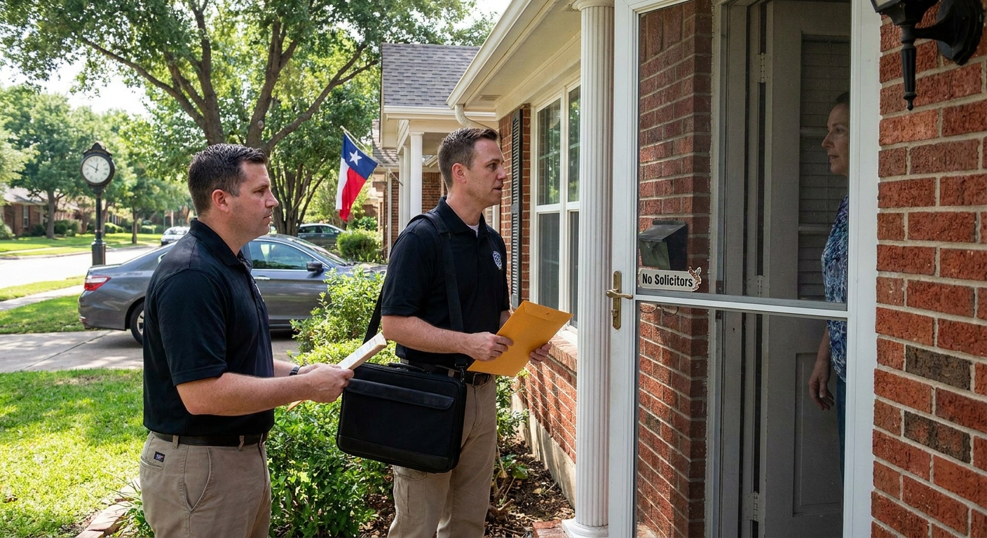 Serving legal papers in Dallas on the weekend, process server delivering documents on a Saturday
