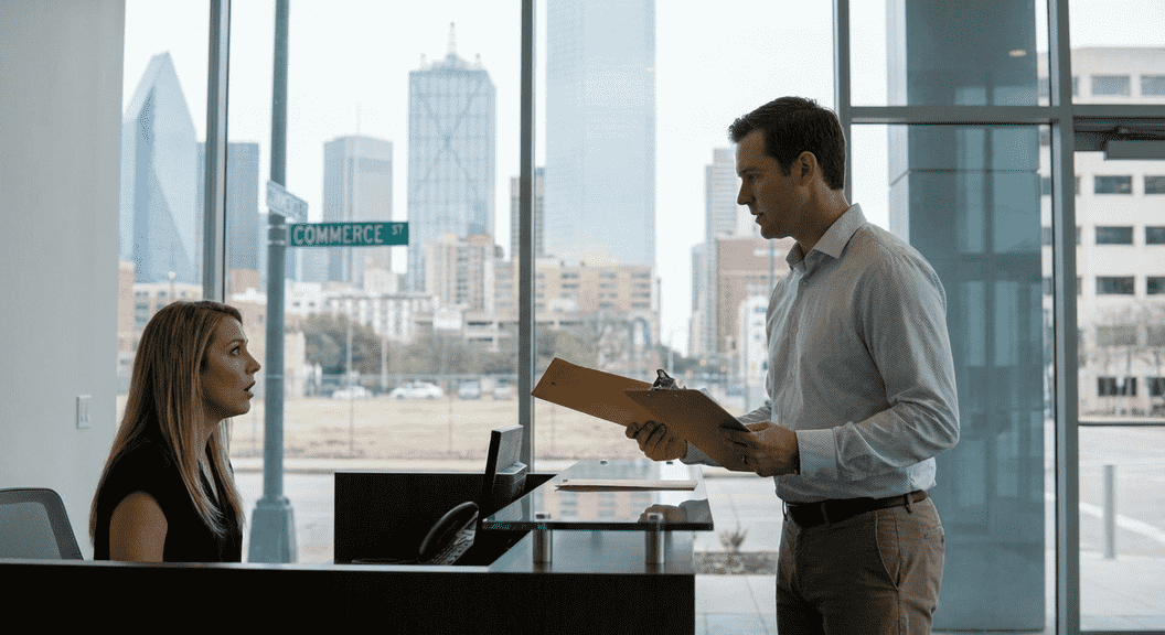 Process server delivering legal papers at a Dallas workplace